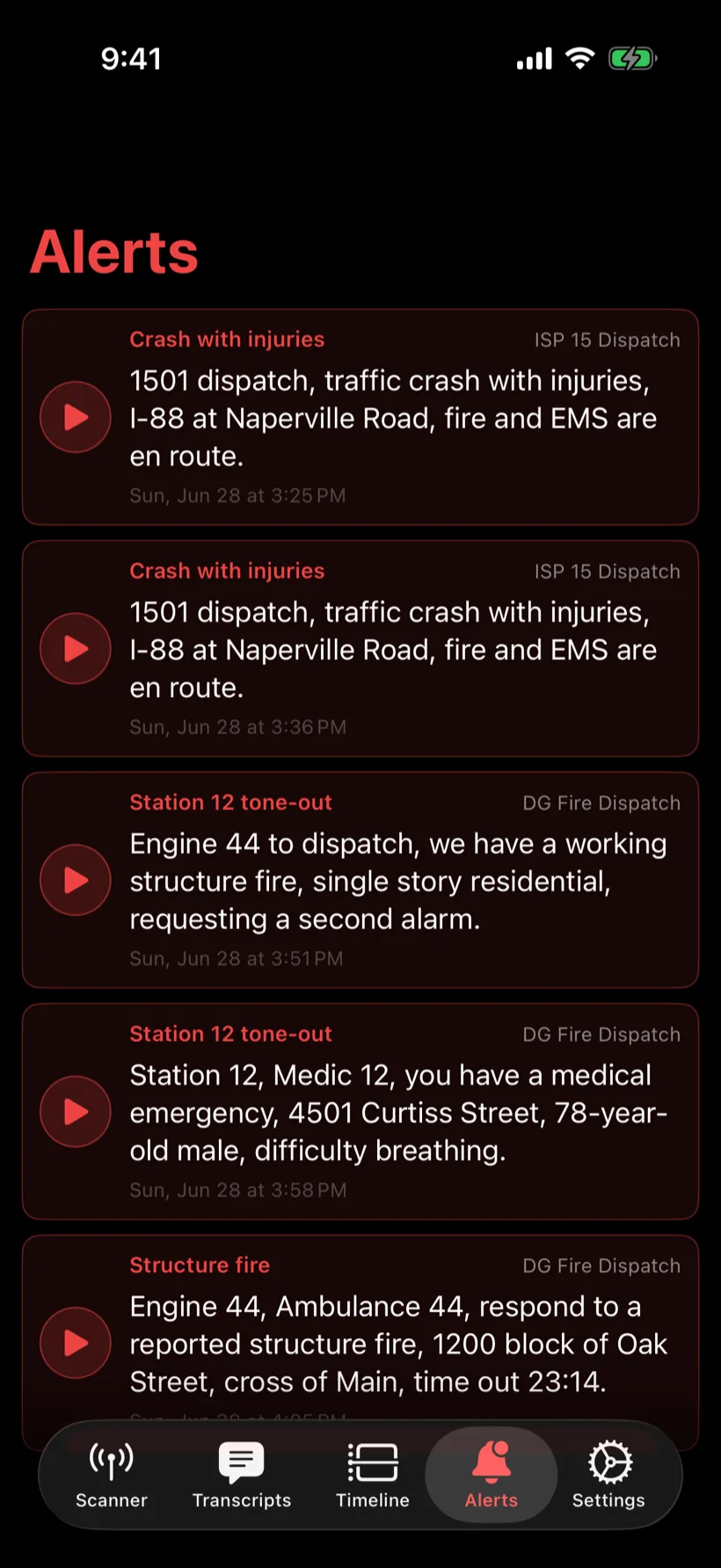 ToneOut iOS alerts tab showing fired tone-out and structure-fire alerts