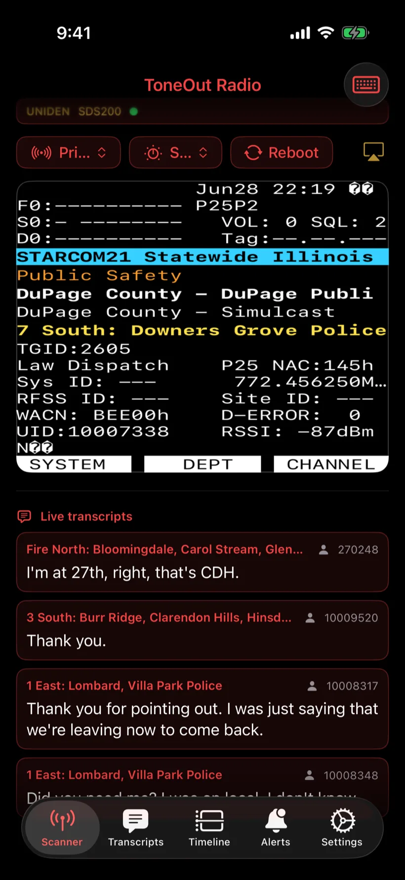 ToneOut iOS app showing the same live SDS200 faceplate on DG Fire Dispatch