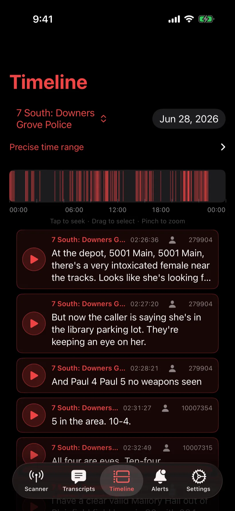 ToneOut iOS timeline tab scrubbing a day of radio traffic grouped into conversations