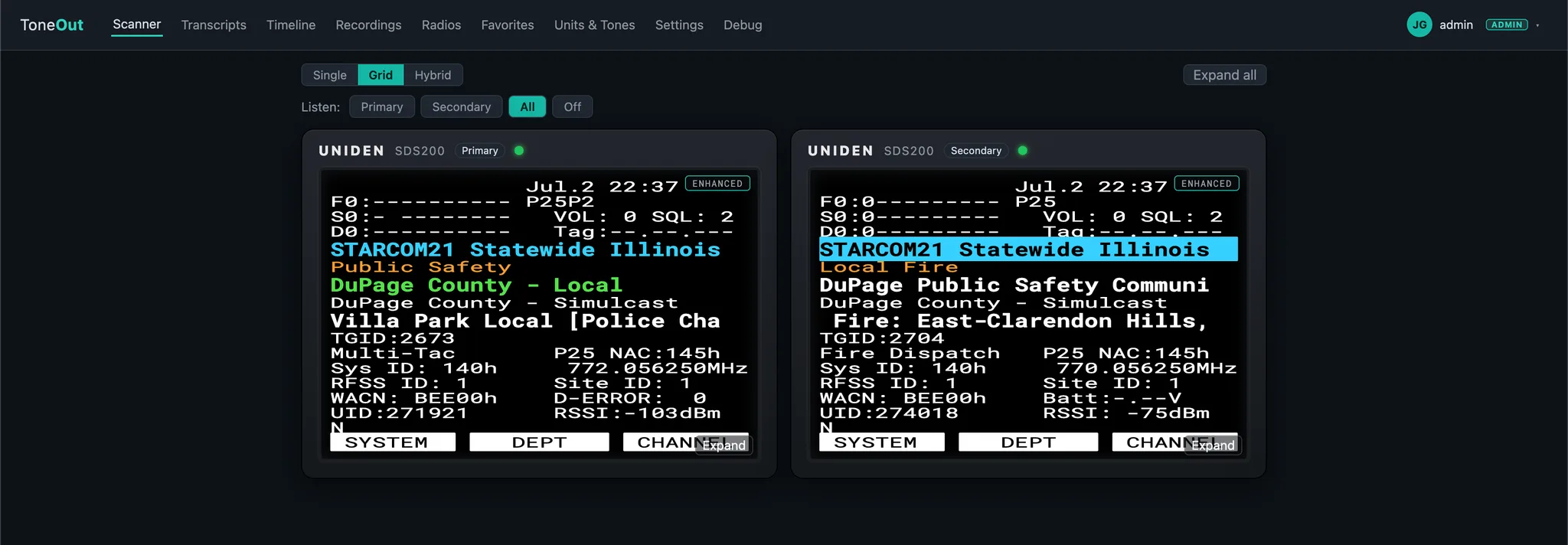 ToneOut web app grid view: multiple scanners streaming side by side, each with its own faceplate and live activity
