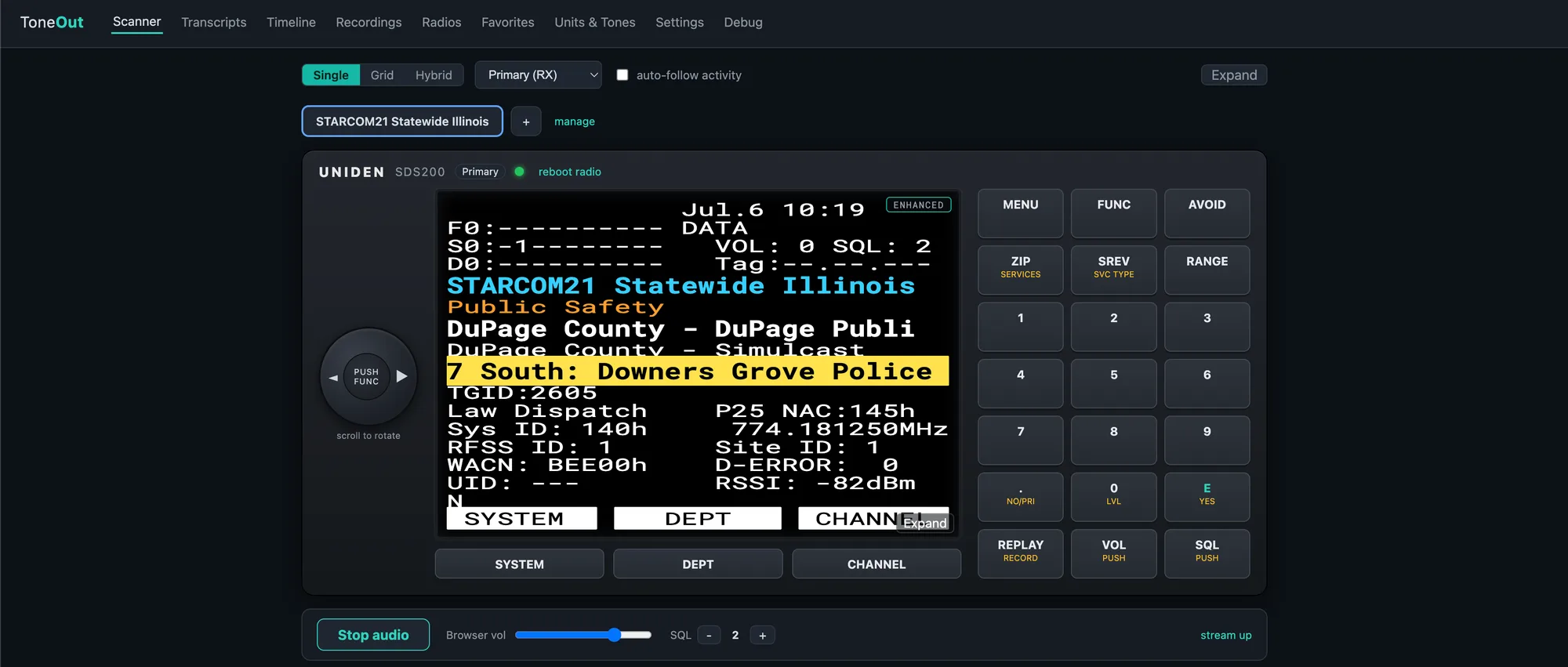 ToneOut web app showing the live SDS200 faceplate tuned to STARCOM21 Statewide Illinois
