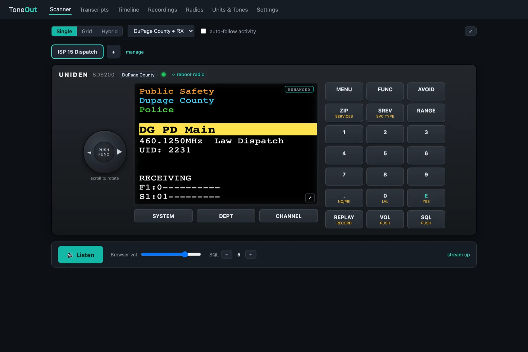 ToneOut web app: the virtual scanner faceplate mirroring a live radio, with keypad and quick channels