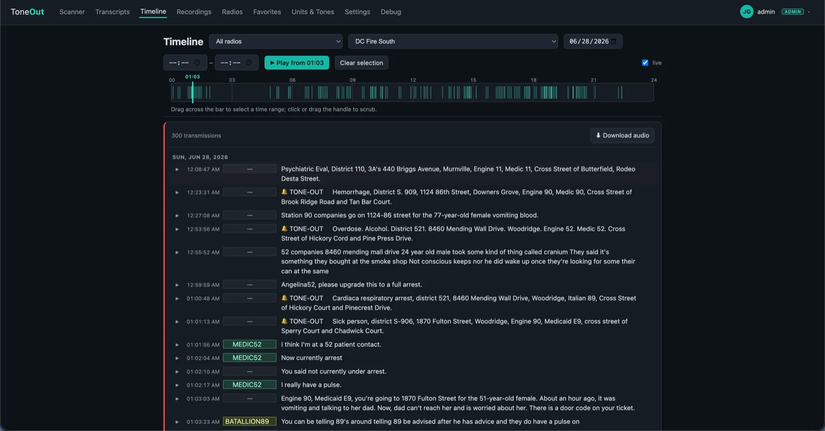 ToneOut timeline page: scrub a day of radio traffic on a channel, grouped into conversations