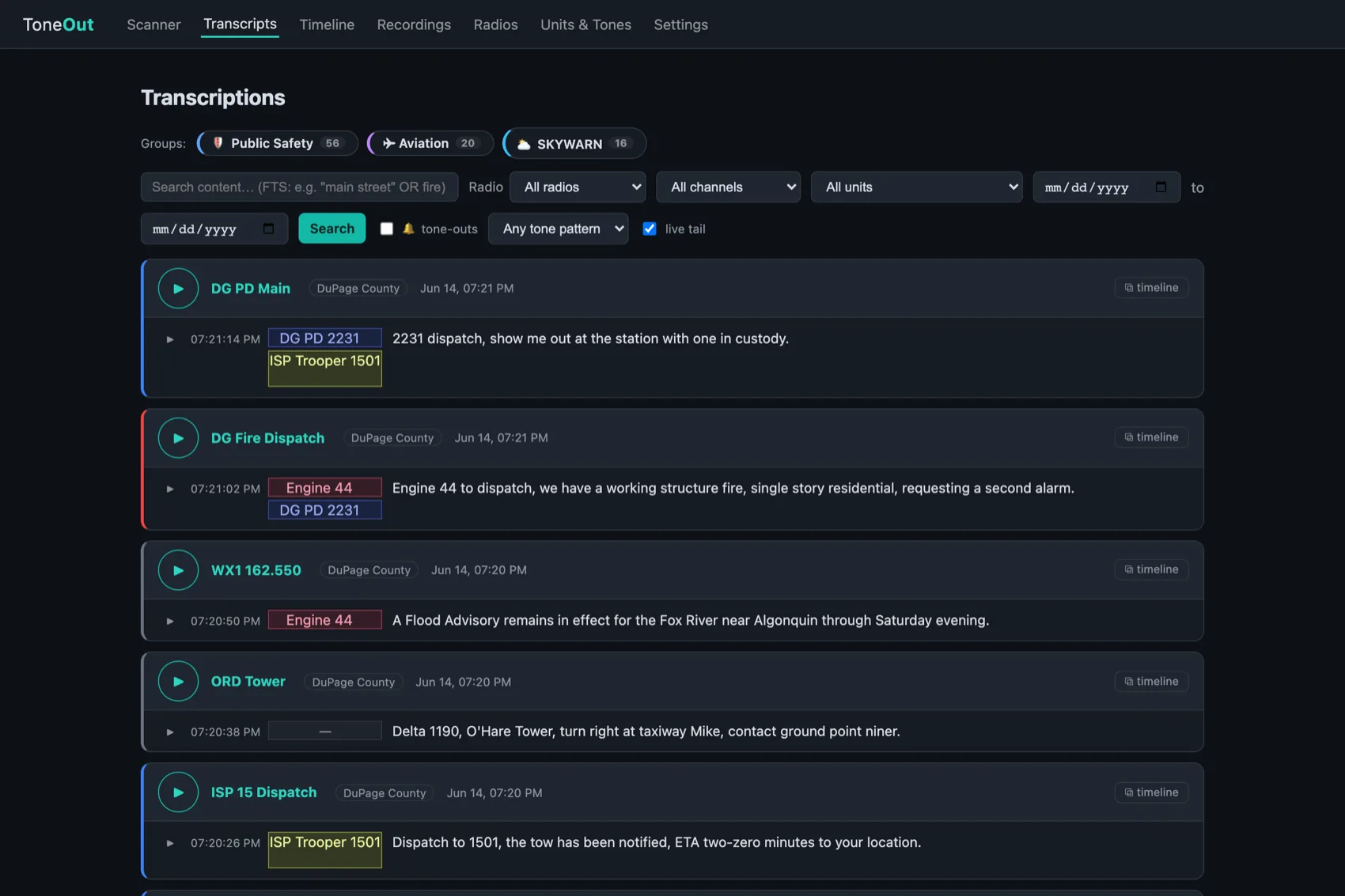ToneOut transcripts page: every transmission transcribed, tagged by unit, with full-text search and content alerts