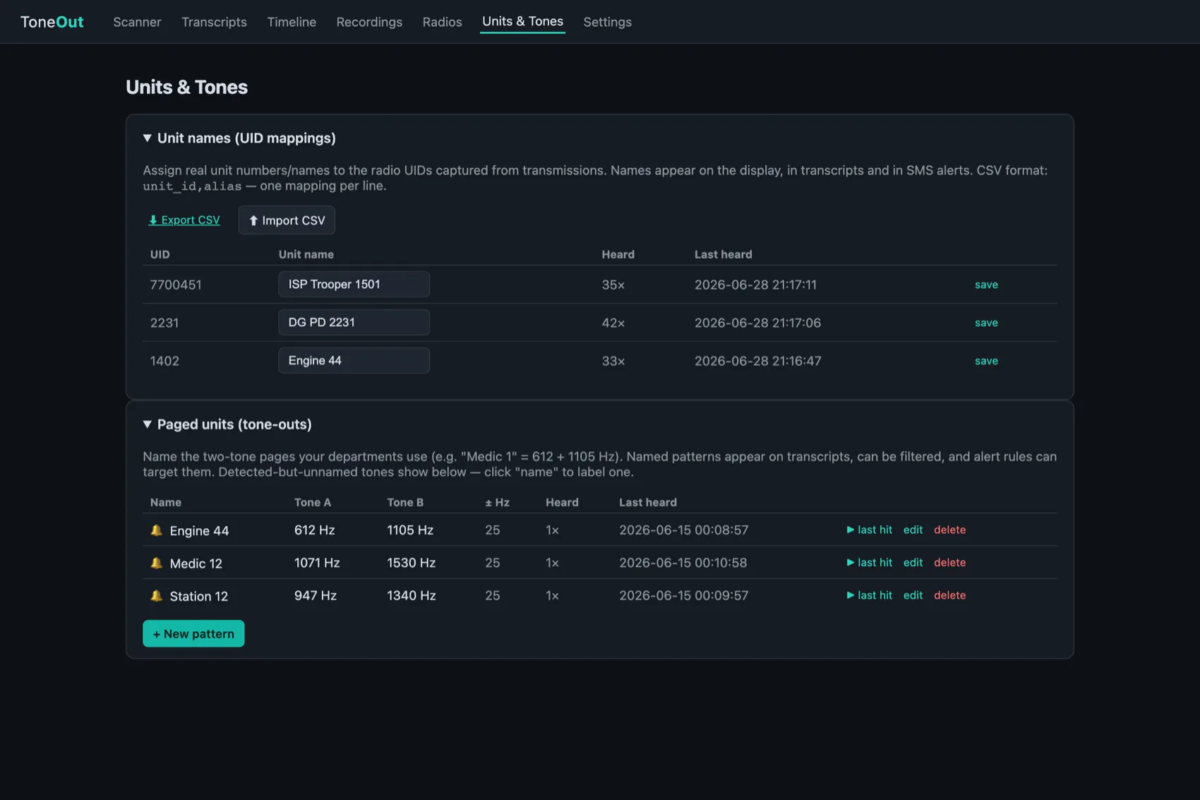 ToneOut units page: assign and import radio unit IDs that attach to every transmission